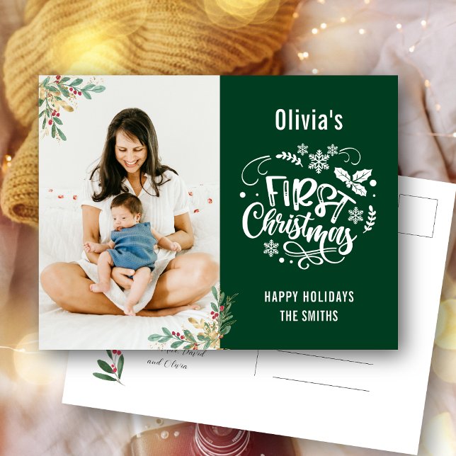 Modern Green Elegant Floral Baby First Christmas Holiday Postcard (Creator Uploaded)