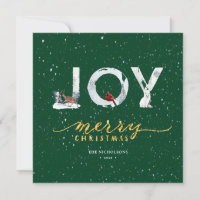 Modern Green Elegant Gold Script JOY Snow Overlay