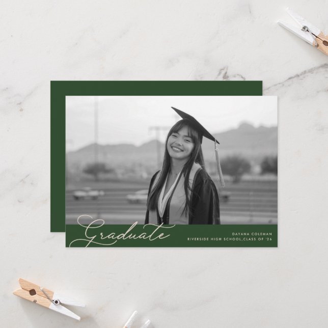 Modern Green Elegant Script Photo Graduation Card (Front/Back In Situ)