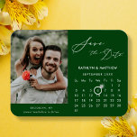 Modern Green Elegant Script Photo Save the Date Magnet<br><div class="desc">Modern Sage Green background Elegant Script ‘Save the Date’ Magnet featuring Custom Calendar with a beautiful Photo. Let your family, friends and colleagues know that you have set a date for your wedding celebration with this elegant magnet. To move the Ring marker > click blue ‘Personalise’ > scroll down >...</div>