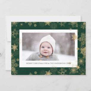 Modern Green Elegant Script Snowflakes Bokeh Holiday Card