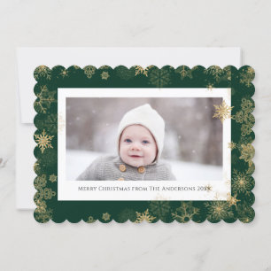 Modern Green Elegant Script Snowflakes Bokeh Holiday Card