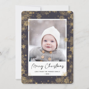 Modern Green Elegant Script Snowflakes Bokeh Holiday Card