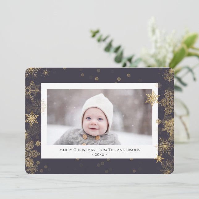 Modern Green Elegant Script Snowflakes Bokeh Holiday Card (Standing Front)