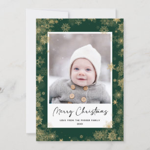 Modern Green Elegant Script Snowflakes Bokeh Holiday Card