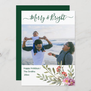 Modern Green Elegant Script Watercolor Floral  Holiday Card