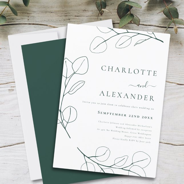 Modern Green Eucalyptus Foliage Minimalist Invitation (Modern Simple leaf drawing dark green wedding invitation with elegant typography script )