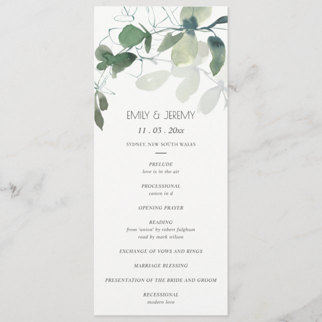 MODERN GREEN EUCALYPTUS FOLIAGE WATERCOLOR PROGRAM MENU (Front)