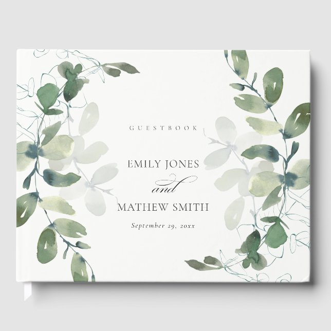 MODERN GREEN EUCALYPTUS FOLIAGE WATERCOLOR WEDDING GUEST BOOK (Front)