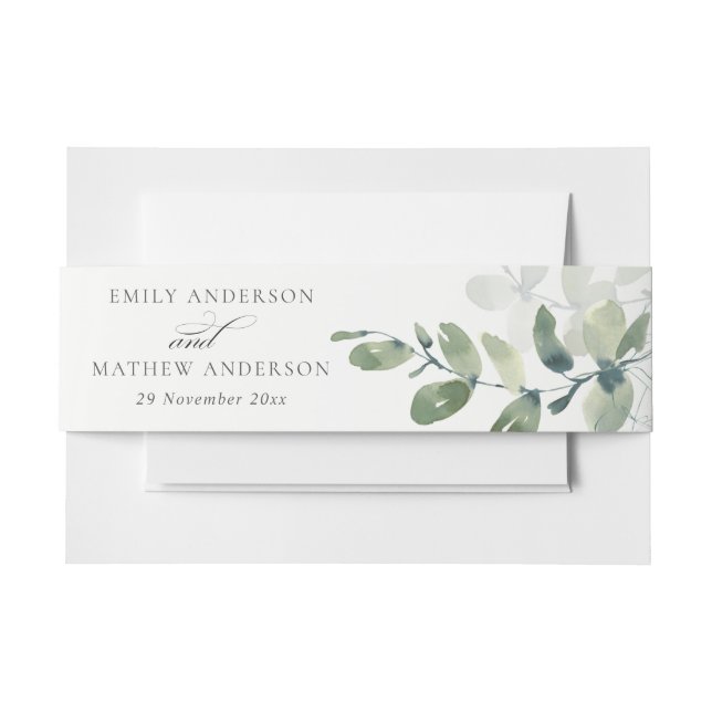 MODERN GREEN EUCALYPTUS FOLIAGE WATERCOLOR WEDDING INVITATION BELLY BAND (Front Example)