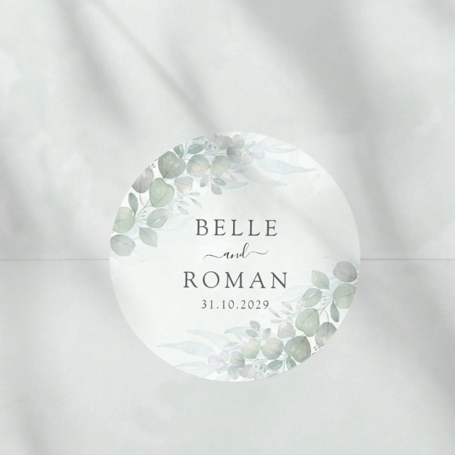 Modern Green Eucalyptus Watercolor Wedding Classic Round Sticker (Creator Uploaded)