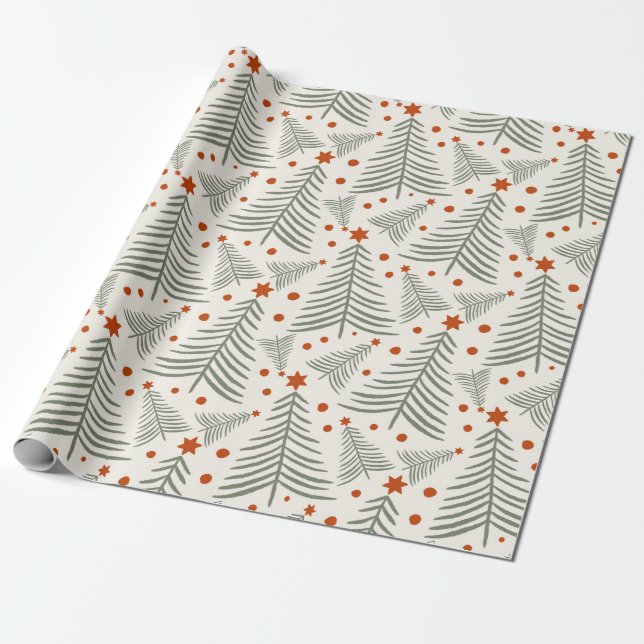 Modern Green Evergreen Tree Pattern Christmas Wrapping Paper (Unrolled)