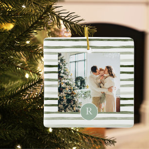 Modern Green   Family Photo   Initial  Ceramic Ornament