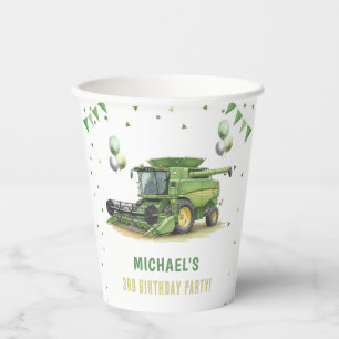 Modern Green Farm Tractor 3rd Birthday Paper Cups