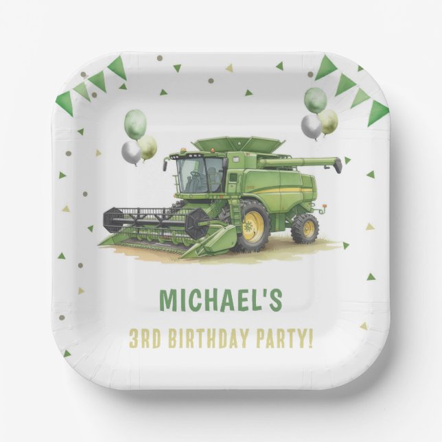 Modern Green Farm Tractor 3rd Birthday Paper Plate (Front)