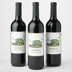 Modern Green Farm Tractor 3rd Birthday Wine Label