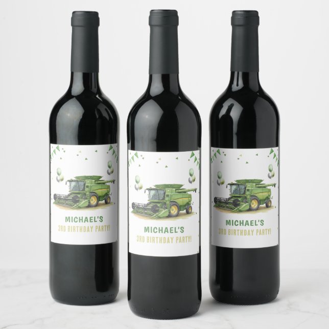 Modern Green Farm Tractor 3rd Birthday Wine Label (Bottles)