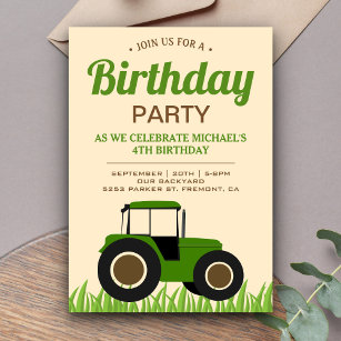 Modern Green Farm Tractor Kids Birthday Party Invitation