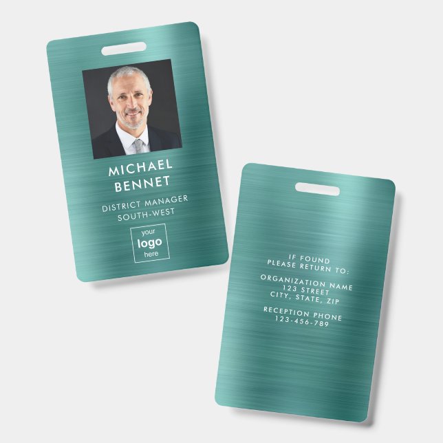 Modern Green Faux Metallic Corporate Photo ID Badge (Front & Back)