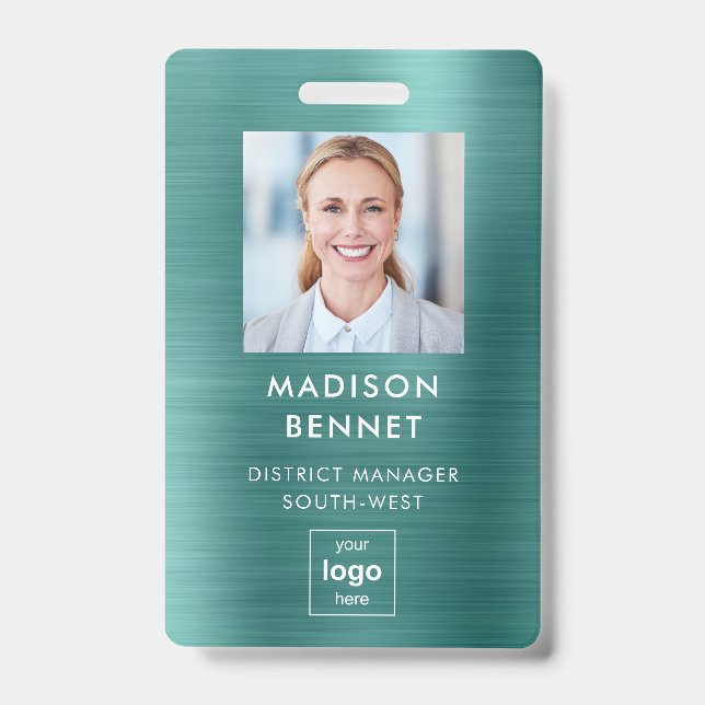 Modern Green Faux Metallic Corporate Photo  ID Badge (Front)