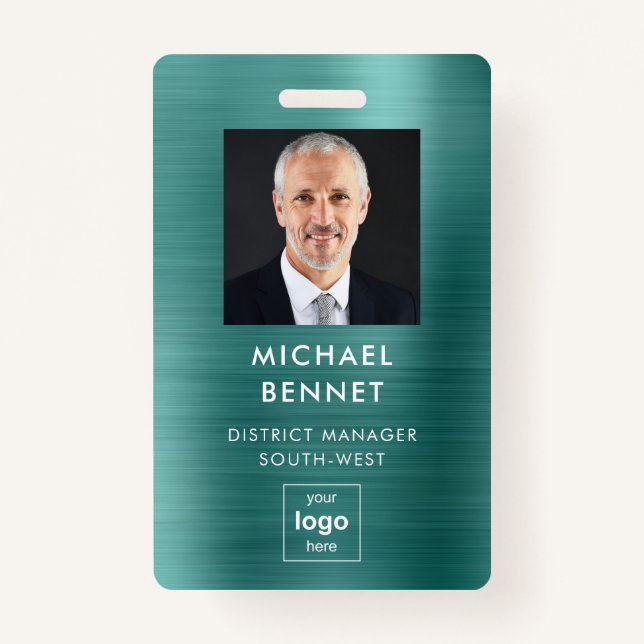 Modern Green Faux Metallic Corporate Photo ID ID Badge (Front)
