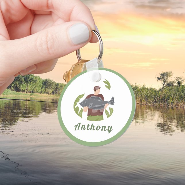 Modern Green Fisherman Illustration Fishing Name  Key Ring (Creator Uploaded)