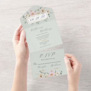 Modern Green Floral Gold Wedding All In One Invitation