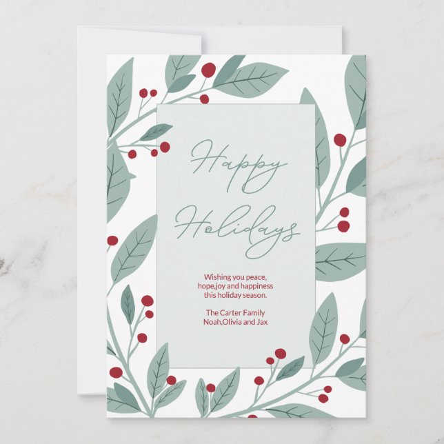 Modern Green Floral Happy Holidays Holiday Card (Front)