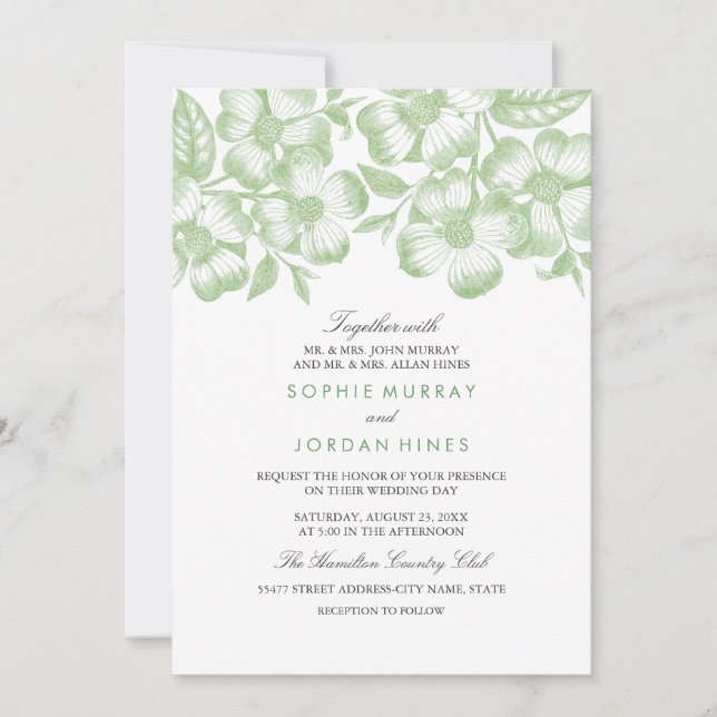 Modern Green Floral Wedding Invitation (Front)