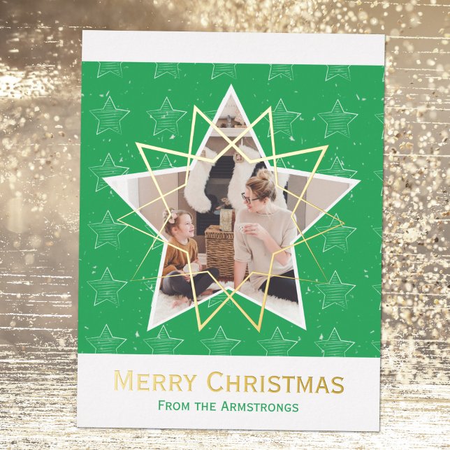 Modern Green Foil Stars Merry Christmas Photo Foil Holiday Postcard (Modern Green Foil Stars Merry Christmas Photo Foil Holiday Postcard ©Susanne Sachers - Sunny Mind)