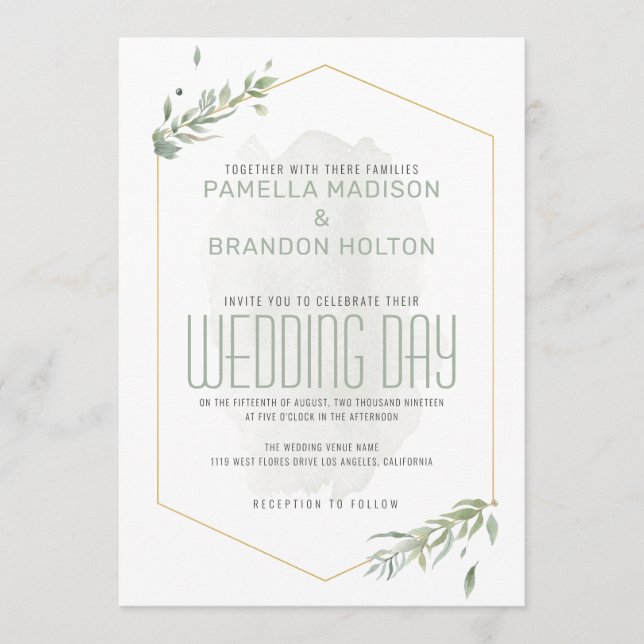 Modern Green Foliage & Gold Frame Wedding Day Menu (Front)