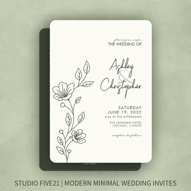Modern Green Foliage Outline All-in-One Wedding Invitation (Creator Uploaded)