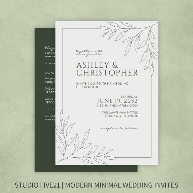 Modern Green Foliage Outline All-in-One Wedding Invitation (Creator Uploaded)