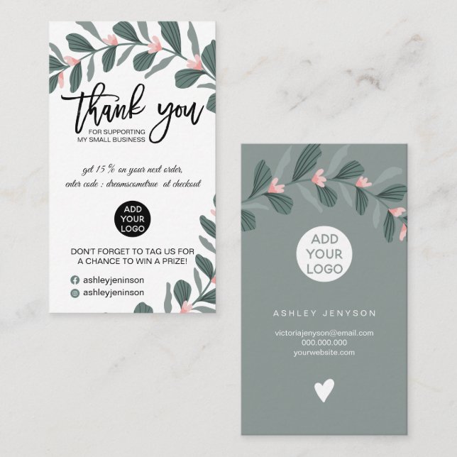 Modern green foliage pink logo order thank you business card (Front/Back)