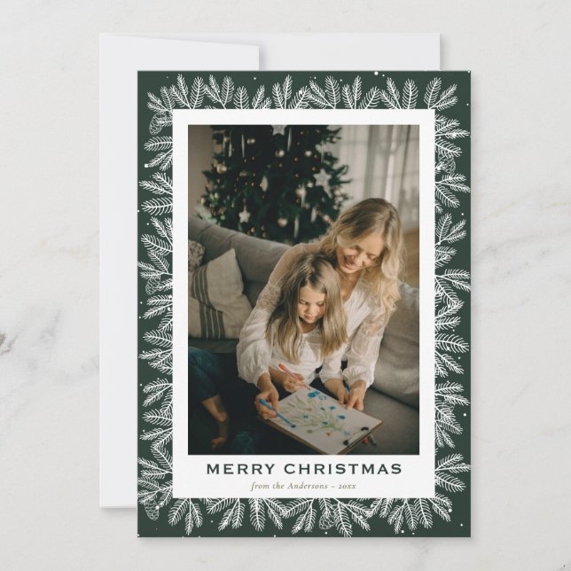 Modern Green Forest Pine Photo Christmas Holiday Card (Front)