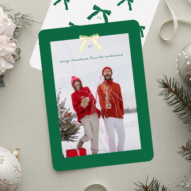 Modern Green Frame Christmas Gold Bow Photo (Creator Uploaded)