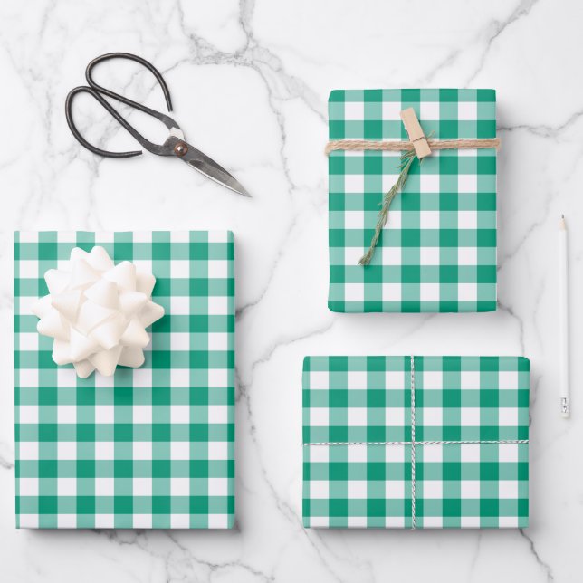 Modern Green Gingham Checks Pattern Wrapping Paper Sheet (Front)