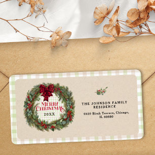 Modern Green Gingham Farmhouse Christmas Wreath Label