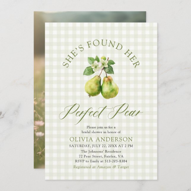 Modern Green Gingham Perfect Pear Bridal Shower Invitation (Front/Back)