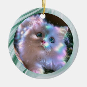Modern Green Glassy Swirl Kitten Photo Ceramic Tree Decoration