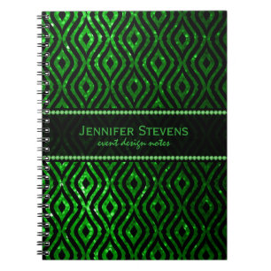 Modern Green Glitter & Black Geometric Pattern Spiral Notebook