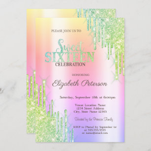 Modern Green Glitter Drips Ombre Sweet 16 Invitation