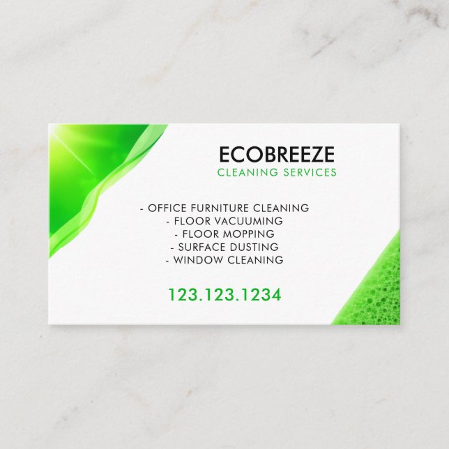 Modern Green Glow Office Cleaning Business Card (Front)