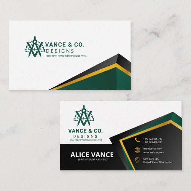 Modern Green Gold Architecture Interior Design Bus Business Card (Front/Back)
