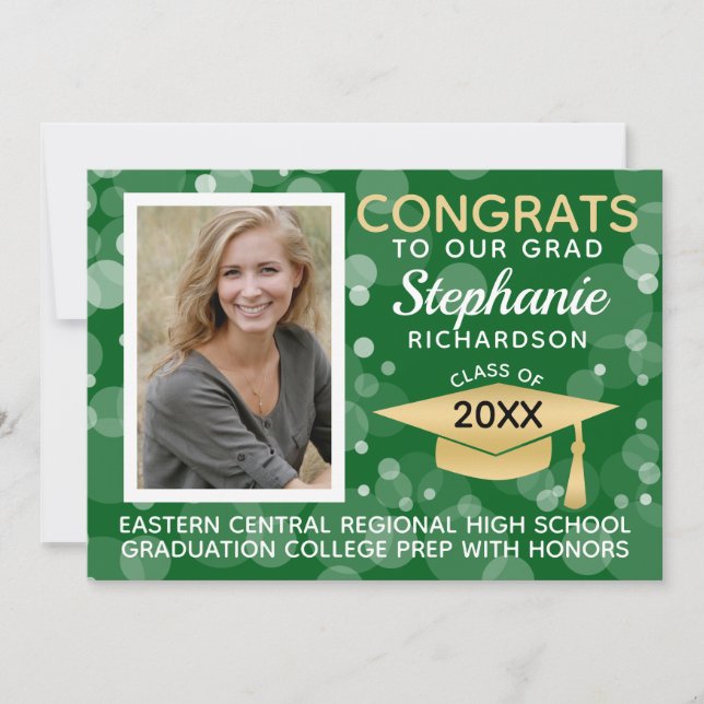 Modern Green Gold Bokeh Bubbles Photo Graduation Invitation (Front)