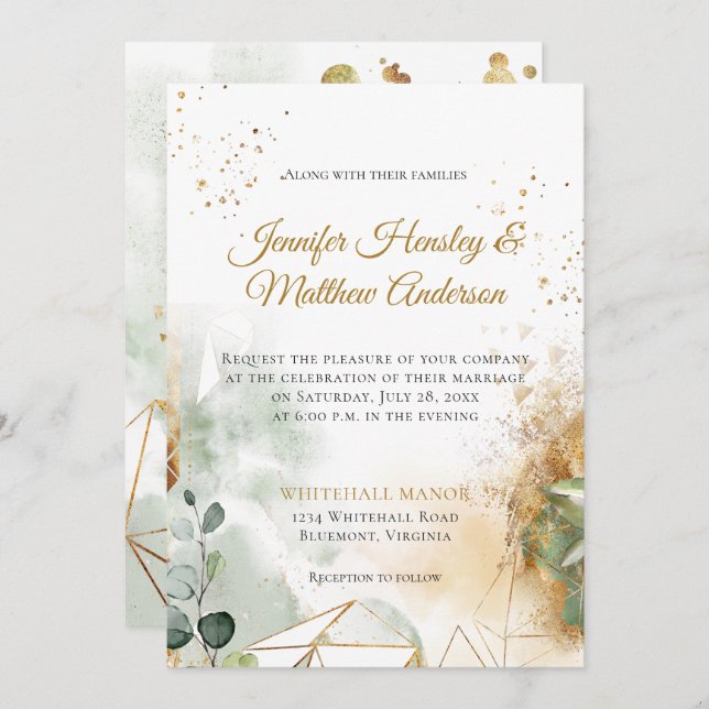 Modern Green Gold Botanical Geometric Wedding Invitation (Front/Back)