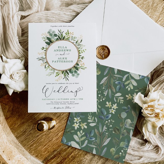 Modern Green Gold Botanical Greenery Wedding Invitation (Creator Uploaded)