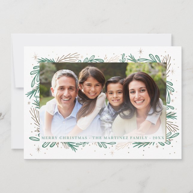 Modern Green Gold Botanical  Photo Chistmas Holida Holiday Card (Front)