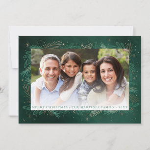 Modern Green Gold Botanical  Photo Chistmas Holiday Card