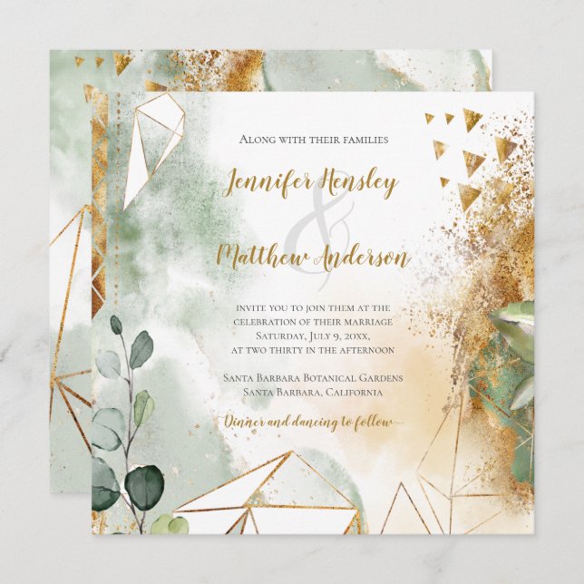 Modern Green Gold Botanical Square | Invitation (Front/Back)